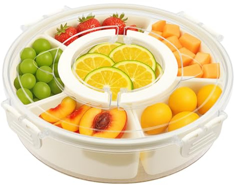 Generisch Snackschale Snackbox Snackteller mit 6 Fächern Transparentem Deckel Griff Vorratsdose Aufbewahrungsbox für Snacks, Nüsse, Süßigkeiten Gewürz Obst für Party Picknick (Transparent Runde)