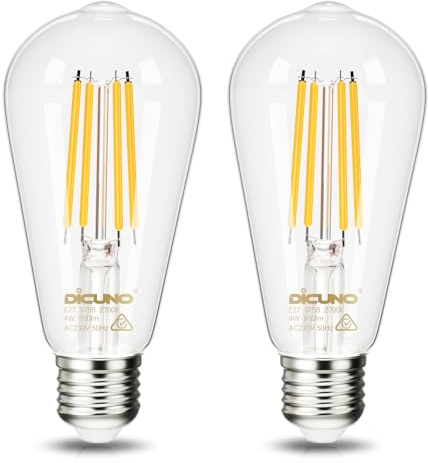 DiCUNO Ampoule LED E27 4W Classe A, équivalent 60W, 850lm, Blanc chaud 2700K, ST58 vintage à filament Edison, Ampoule décorative en verre transparent pour salon chambre cuisine, Lot de 2