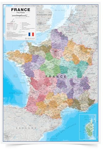 Politisk karta över Frankrike 84,1 x 118,9 cm - affisch av de franska regionerna och departementen Besök - Maps International + 60 års erfarenhet av kartografi