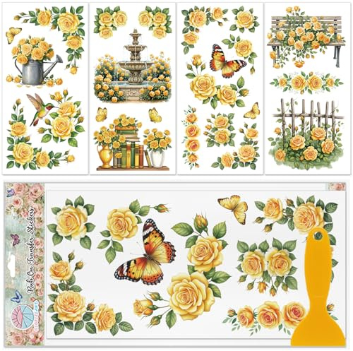 GLOBLELAND 4 Fogli Vintage Giallo Rosa Angolo Mobili Trasferimenti 6x12 Pollici Giardino Fontana Farfalla Uccelli Strofinare sul Trasferimento Uv Autoadesivo Adesivi Parete Arte Mestiere per Camera