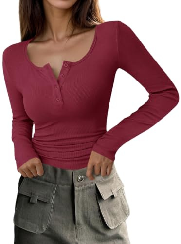 Cicy Bell Camiseta de manga larga para mujer, cuello en V, camiseta de manga larga, corte ajustado, túnica Henley, para otoño e invierno