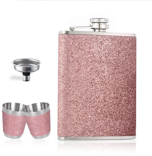 Galenecx Petacas de Alcohol, 8oz/220 ml Frasco de la Cadera, Petaca de Acero Inoxidable Petaca Mujer con Purpurina, Glitter Petacas con Embudo y 2 Vasos de Chupito, Whisky Portátil Flask