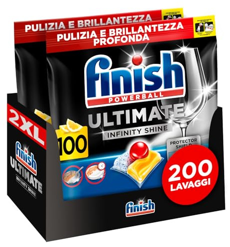 Finish Ultimate Infinity Shine Pastiglie Lavastoviglie, 200 Capsule Lavastoviglie al Limone, Pastiglie per Lavastoviglie contro lo Sporco e i Residui Incrostati