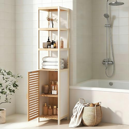 HavenGlide Badregal Stehend Badezimmerschrank Schmal, Bad Schrank Bambus, Badschrank mit 3 Offene Fächern und Schrank, Badmöbel Holz Badezimmer Regal, 33 x 33 x 165 cm (Natur)