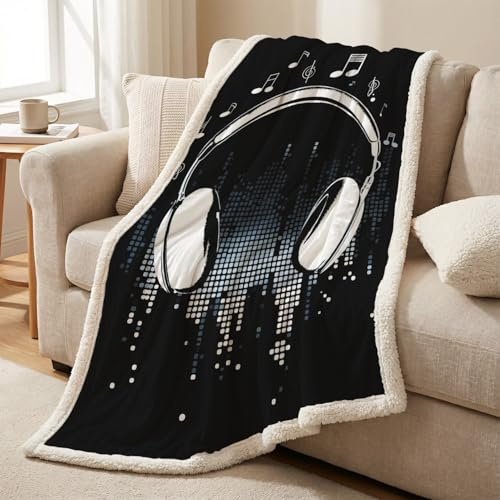 Kuscheldecke Fleecedecke Sherpa Fleece – 130 x 150 cm, Doppelseitig, Ultraweich & Warm, Leicht, Mikrofaser, Für Bett, Sofa & Couch, Ganzjährig, Schwarz Weiß, Minimalistisch Musiknoten Kopfhörer