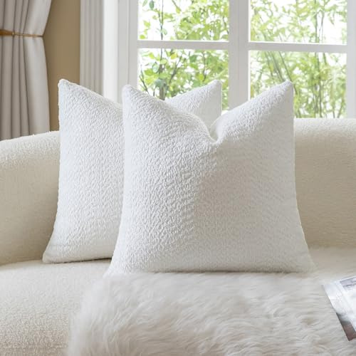 Neelvin 2er Set Dekorative Chenille Kissenbezüge Weiche Bouclé Sofakissenbezüge Woven Texturierte Luxus Zierkissenhüllen für Schlafzimmer und Sofa Cremeweiße 60x60cm