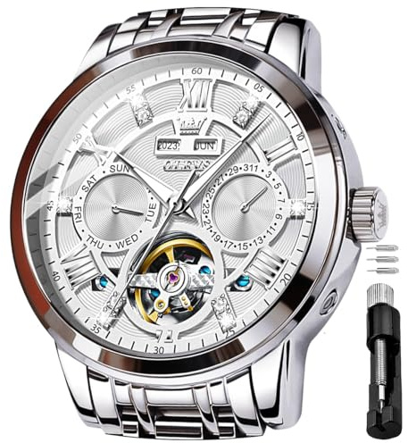 OLEVS Herren Automatikuhr Diamanten Tourbillon Skelett Luxus Edelstahl-Armbanduhr mit Kalender, 30M wasserdicht Leuchtzeigern Mechanische Selbstaufzugsuhr für Business/Abendmode im Geschenkbox