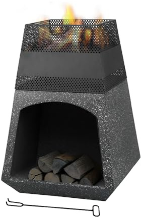 Braciere da Esterno a Legna con Porta Legna Integrato in MGO e Ferro Verniciato a Polvere, Fire Pit da Giardino con Base Effetto Pietra, Resistente a Ruggine e Calore 44 cm
