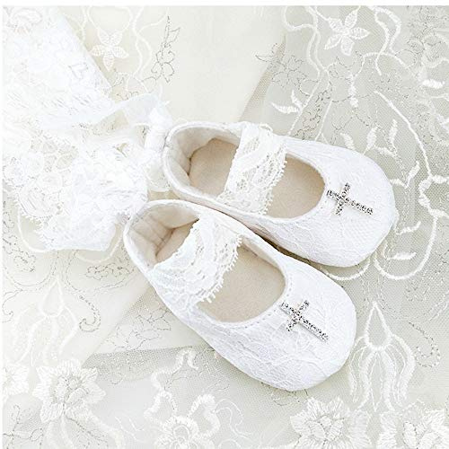BALLERINE PIZZO BATTESIMO CROCE DI CRISTALLO STRASS BIANCHE MOCASSINI SCARPINE CERIMONIA BAMBINA NEONATA 11CM Brillabenny (3-6 Mesi)