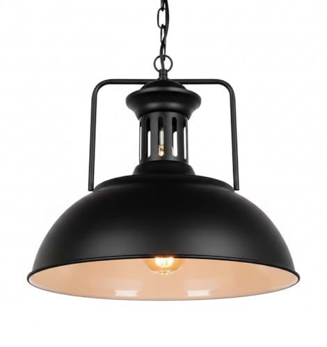 DC VOLTAGE Retro-Pendelleuchte mit Gleichspannung, Deckenleuchte im Industrie-Look mit Rostoptik, breite Vintage-Pendelleuchte für Wohnzimmer, Schlafzimmer, Esszimmer und Küche. (Schwarz innen Weiß)