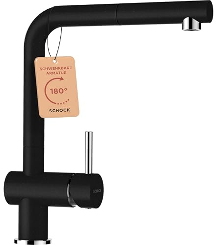 SCHOCK® Küchenarmatur Epos Nero I schwarze Hochdruck Armatur mit ausziehbarer Schlauchbrause I 360° drehbar I Spültischarmatur für Küchenspüle I Design modern I wassersparend I Einhebelmischer Messing