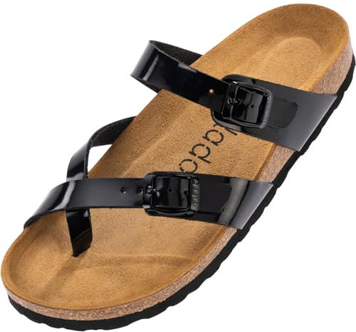 Palado Pantoletten Damen Cres Lack – bequeme Sandalen Made in Spain - Hausschuhe mit dampfendem Kork-Fußbett - modische Sommerschuhe Schwarz UK6 - EU39