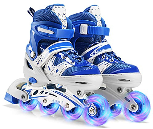 Adjustable Inline Skates Boys Girls Kids Women Men Illuminating Roller Skates with Full Light Up Wheels, Outdoor & Indoor Roller Blades Skates Ideal for Kids Adult Beginners (UK1~4,Blue)