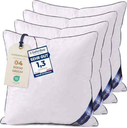 Utopia Bedding kissenfüllung 50x50 4er Set, Sofakissen mit Füllung | Weicher, weiß Bezug aus reiner Mikrofaser mit blauer Paspelierung Polyesterfüllung; Kissenfüllungen Zierkissen Dekokissen