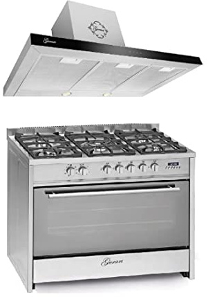 GURARI Gas Elektro Standherd GCH E 911 X+GCH F 462 IS 9 Prime 90 cm/Range Coocker / 121L / 8 Funktionen/Erd-/Propangas + Dunstabzugshaube 90 cm 1000m³/h Wandhaube in Edelstahl Glas