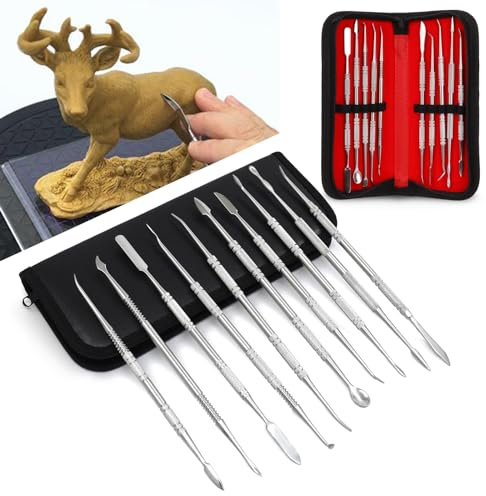 Wkmamo 10 Stk Töpferei Werkzeug Set, Edelstahl Modellierwerkzeug Keramik | Wachs Schnitzmesser, Aufbewahrungstasche, Skulptur Ton, Holzschnitzerei, Seife, Kürbis, rutschfest, rostfrei, doppelseitig
