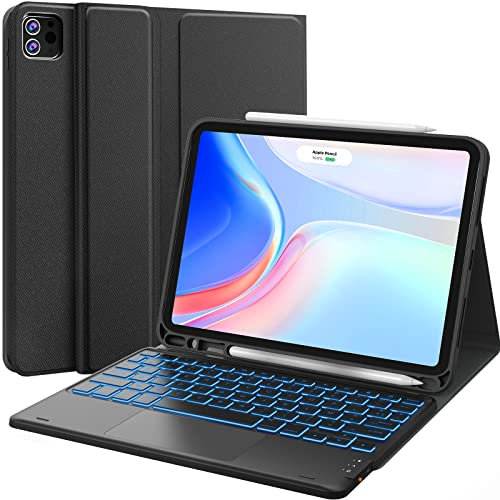 Earto Clavier pour iPad Air 11 Pouces (M3/M2), Pro 11(4/3/2/1 Gen), Air 5 2022/Air 4 2020, Smart Trackpad, Eclairage 7 Couleurs, 2 Canaux BT,Clavier français Amovible iPad Pro 11/Air 10.9, Noir