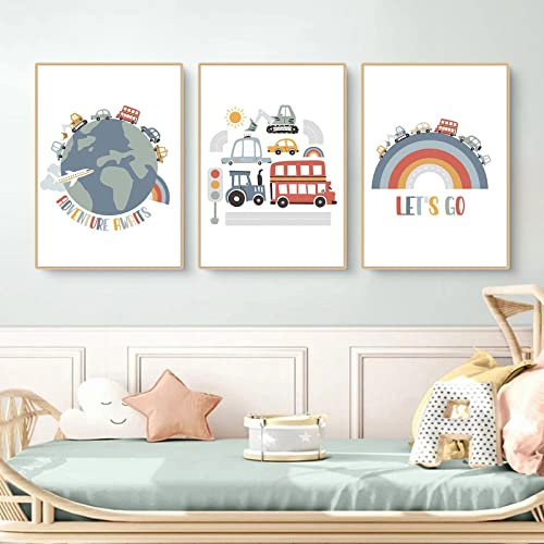 CULASIGN 3er Set Poster für Kinderzimmer, DIN A4 Bilder für Jungen & Mädchen, Autos Straßen Wandbilder Fahrzeuge Kinderposter für Schlafzimmer Babyzimmer Wandeko, Ohne Rahmen (ABC,50x70cm)