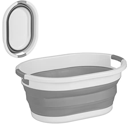 Relaxdays Cesto Portabiancheria Pieghevole, 24 Litri, Contenitore Salvaspazio in Plastica con Impugnature, Grigio Bianco