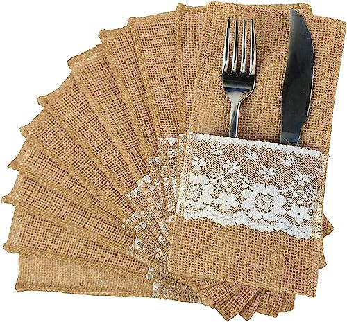 FQTANJU 50 PCS 4x8 Burlap Lace Utensil Cutlery Holders Pouch Silverware Holder Knifes Forks Bags Burlap Napkin Bag for Rustic Wedding Party Decorations favors