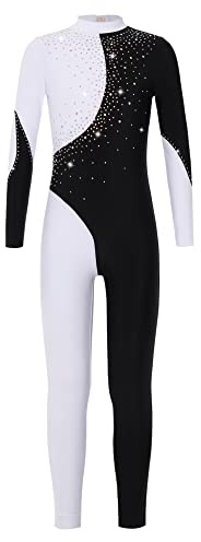 iEFiEL Mädchen Langarm Turnanzug Zweifarbig Ganzkörperanzug Sportlich Body Kinder Glitzer Gymnastikanzug Tanzkostüm Tanzanzug Wa Schwarz Weiss 122-128