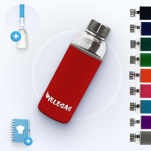 Velesas Borraccia 1 l | 500 ml con custodia protettiva | Bottiglia di vetro da 500 ml con custodia in neoprene e tappo in acciaio inossidabile | per la scuola, il fitness, senza BPA | Rosso
