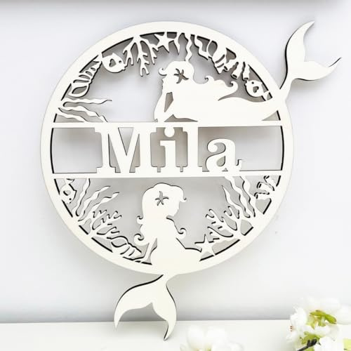 NoriKids Türschild aus Holz & individuellem Namen – Motiv Meerjungfrauen | Namensschilder für die Tür – Schild für Kinderzimmer & Zimmertür – personalisierte Geschenke