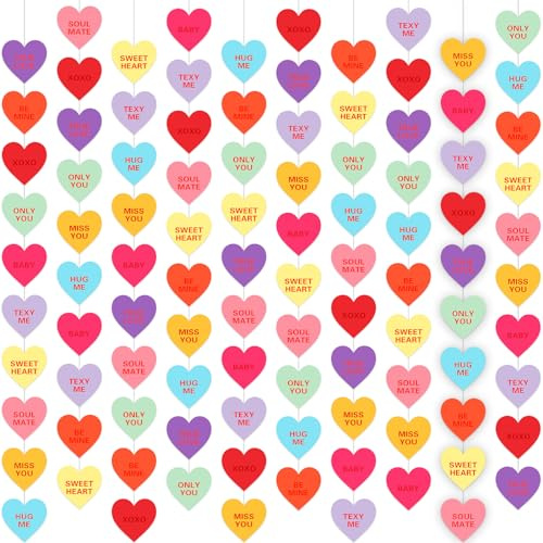 Jetec 10 Packs Valentines Day Heart Hanging String Garlands Conversation Heart Banner for Sayings Pre Strung Banners for Anniversary, Wedding, Birthday Party, Valentines Decor, No DIY