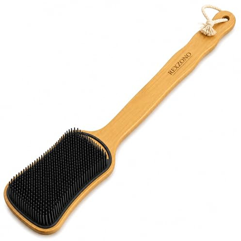 Rexzono Silicone Back Scrubber for Sensitive Skin, Exfoliating Body Scrubber, Long Handle Bath Brush, Loofah for Shower, Gentle Cleansing Scrub for Women and Men, Easy to Clean and Lather