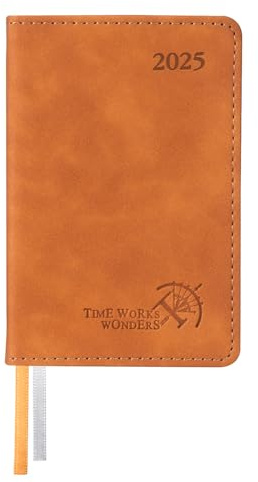 POPRUN Mini TaschenKalender 2025 Klein 12 x 8 cm - auf Deutsch - Kalender 2025 A7 Softcover mit PU-Leder - Terminplaner mit 70 GSM Papier - Braun