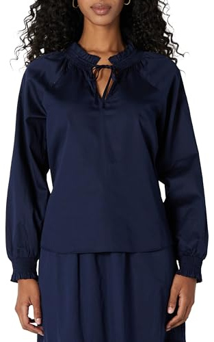 Amazon Essentials Chemisier en Satin de Coton à Col Volanté, Coupe Décontractée Femme, Bleu Marine, XS