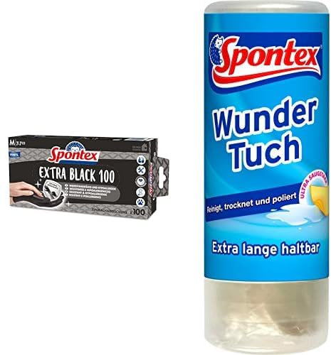 Spontex Bundle Extra Black Einmalhandschuhe, latexfrei, Größe M, schwarz, 100er Pack + Wundertuch
