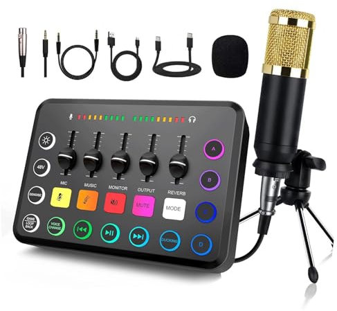 NEWFUN Audio Mixer, Soundboard, Mischpult für pc,Inklusive Audiomixer und BM800-Mikrofon, RGB-PC-Mixer für Streaming, DIY-Soundeffekte, Lautstärkeregler für Podcasting, Aufnahmen und Gesang