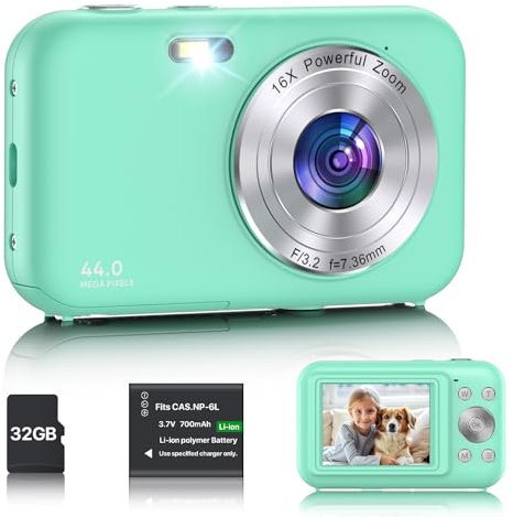 Fotocamera Digitale,1080P 44 MP Macchina Fotografica Compatta con Scheda da 32 GB, 16X Zoom Fotocamera con LCD da 2,4, 1 Batteria, per Bambini Adolescenti, Principianti (Verde)