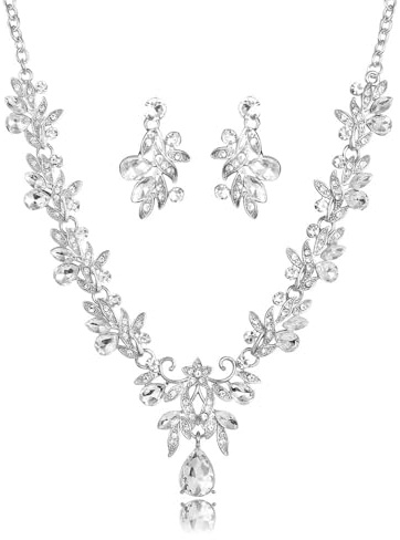 FDEETY Schmucksets Damen Strass Halskette Ohrringe Sets Legierung Strass Schmuckset Prom Kostüm Schmuck Set Braut Hochzeit Party(Silber)