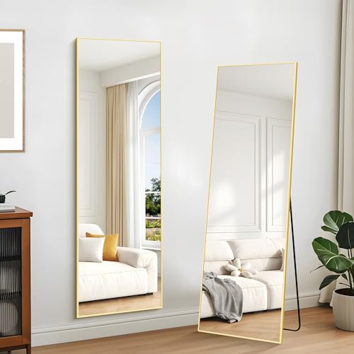 KOCUUY Rectangle Full Length Mirror, 147 x 44 cm Wall Mirrors, Free Standing Mirror Full Body with Aluminum Alloy Frame, Suitable for Bedrooms, Hallway or Cloakroom, Gold