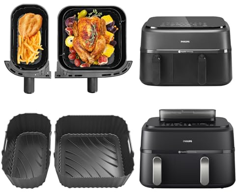 ENSINE Air Fryer Silicone Liners for Philips Dual Basket Airfryer 3000 Series NA350, Air Fryer Accessories Compatible with Philips 5000 Series,2 Pcs airfryer inserts for Philips 9L Dual Drawer (Black)