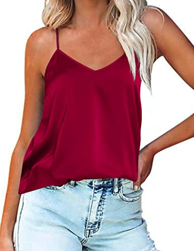 Ekouaer Débardeur Satin Femme Camis sans Manches Caraco Soie Col V Maillot de Corps à Bretelles Spaghetti Réglable Blouse Haut T-Shirt Cami Tops, S