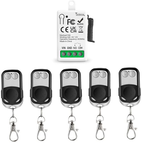 EunnacoTop 433 Mhz wireless interruttore del telecomando CC 12V 1 Canali Relè Ricevitore con 5 Trasmettitore,Potenziale-libero contatti Relè Controller per LED/cancelli/serrature elettromagnetiche
