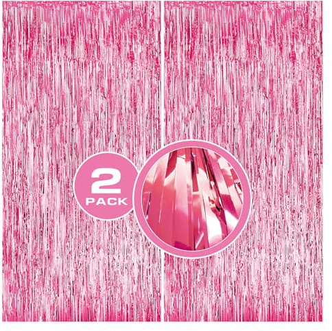 2pcs tinsel backdrop Curtain party streamers Pink birthday decorations | Pink fringe backdrop3.3ft x 6.6ft Pink streamers Pink bachelorette decoration backdrop for parties
