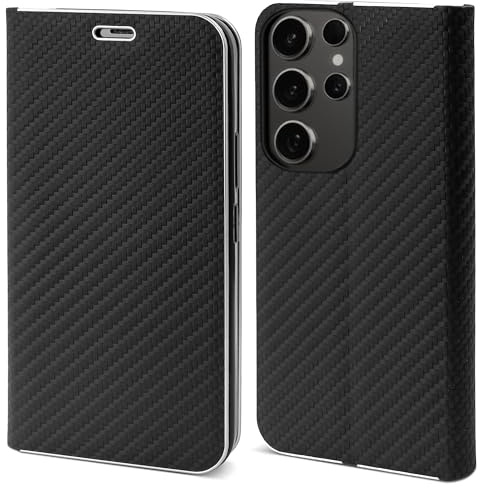 Moozy Hülle für Samsung Galaxy S24 Ultra, Carbon - Metallischer Kantenschutz Klapphülle Handyhülle mit Kartenfach und Standfunktion, Case für Samsung S24 Ultra Stoßfest, Schwarz