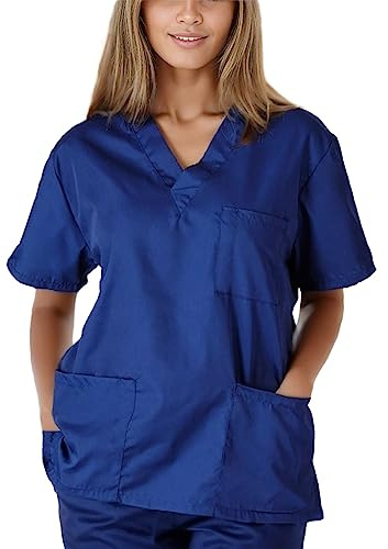Divisa Infermiere, Divisa Sanitaria Donna, Estetista Con Scollo a V Casacca Farmacista Laboratorio Chimica Camice Da Lavoro Estiva Uniforme Elegante Infermiere Camicia Manica Corta Medico Blu Scuro S