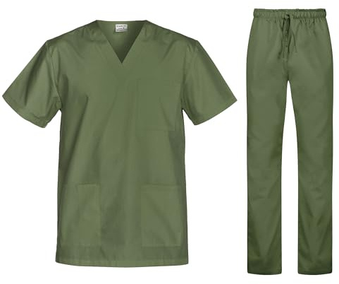 B-well Cesare Unisex skrubbset slip-väska + slip-on-byxor set medicin läkare uniform slip-jacka topp med byxor medicinska arbetskläder, OLIV, XXL