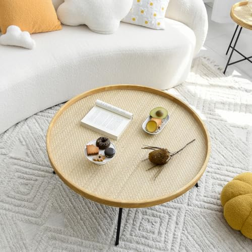 Cagnolier Couchtisch, Rattan Wohnzimmertisch, moderner Couchtisch rund mit schwarzen Metallbeinen, geeignet für Wohnzimmer, Schlafzimmer Ø80*37cm