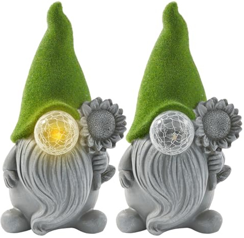 Lightware Solar Gonk Garden Light - 27cm Outdoor LED Gnome Statue for Garden, Patio & Lawn - IP44 Weatherproof Solar Powered Gnome Ornament with Faux Grass Hat, Sunflower & Warm White LED Nose (2)
