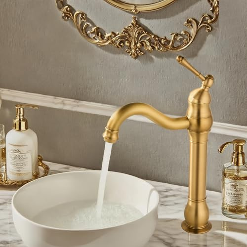 ROVOGO Antique Brass Vintage Retro Tall Tap for Bathroom Basin, High Rise Bathroom Sink Mixer Tap with 360° Swivel Spout, Brass Construction Basin Mixer Tap, Cloakroom Classic Countertop Basin Faucet