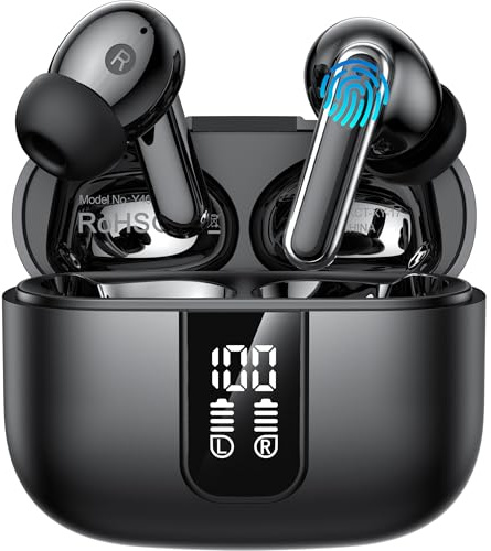 FuJiaXin Wireless Earbuds, Bluetooth 5.3 Headphones in Ear buds, HiFi Stereo Wireless Earphones with 4 ENC Noise Cancelling Mics, 48H Wireless Headphones with IP7 Waterproof, LED Display USB C, Black