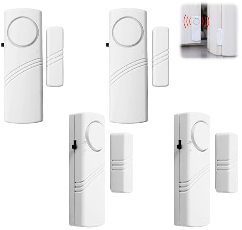 4PCS Wireless Door Window Alarm 95dB Loud Burglar Alert Window Door Siren Sensors Magnetic Home Security Senso for Kids Safety Burglar Bell Alarm for Home Office Hotel Shop Garage Shed Gate White