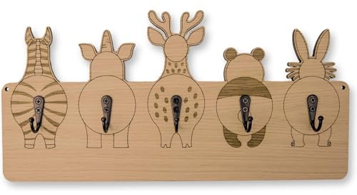 SOGUD Perchero infantil de madera con motivos de animales, perchero para niños, perchero de pared para habitación infantil de 40 x 20 cm, 5 ganchos resistentes, hecho a mano, estable y decorativo