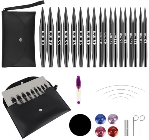 Set di ferri circolari intercambiabili, 8 cm, intercambiabili con borsa e accessori, 9 aghi da 3 a 8 mm di diametro, 4 cordoncini da 20-80 cm, set di uncinetti in alluminio (9 paia, 8 cm)